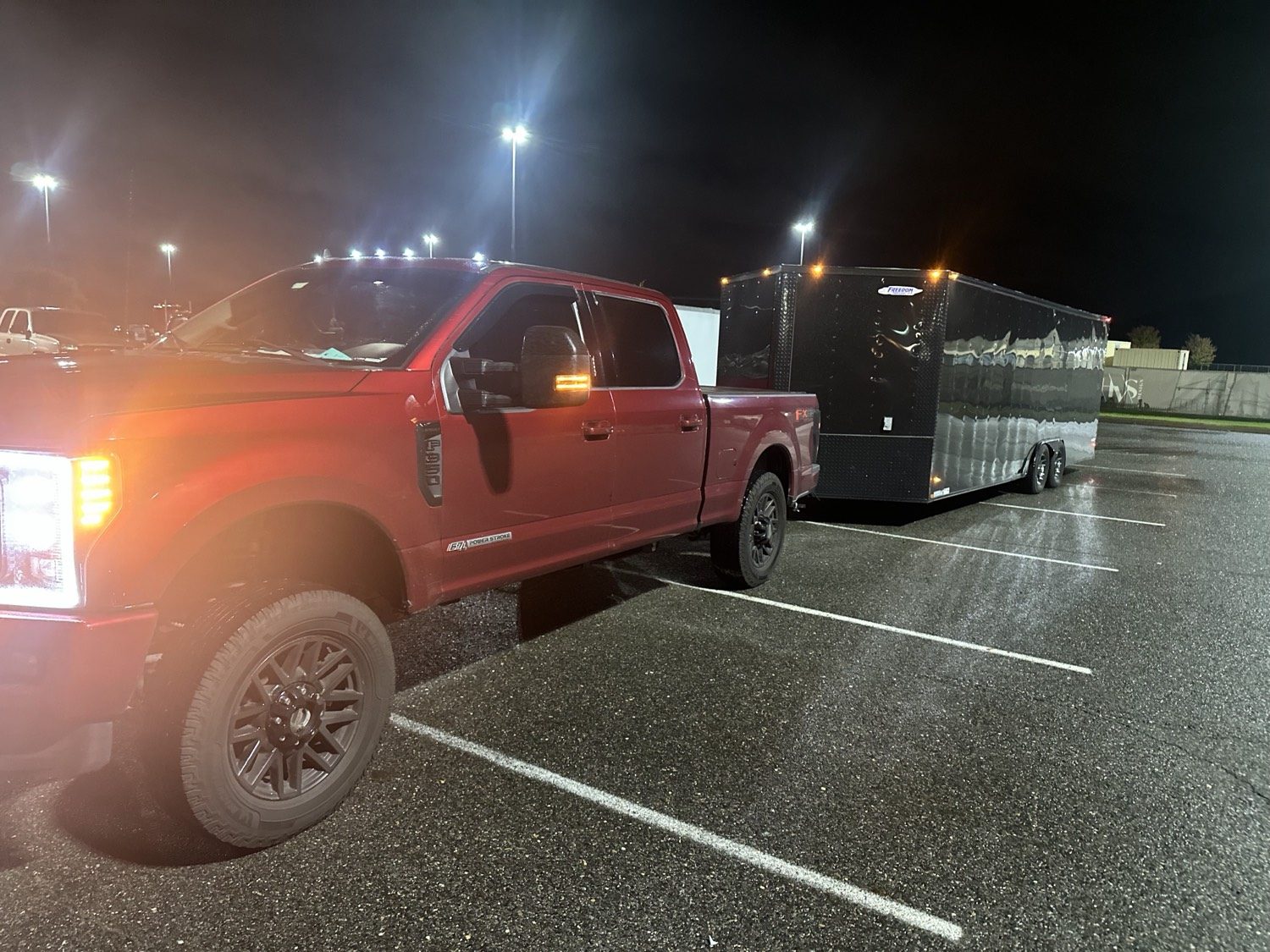 Black enclosed trailer at night