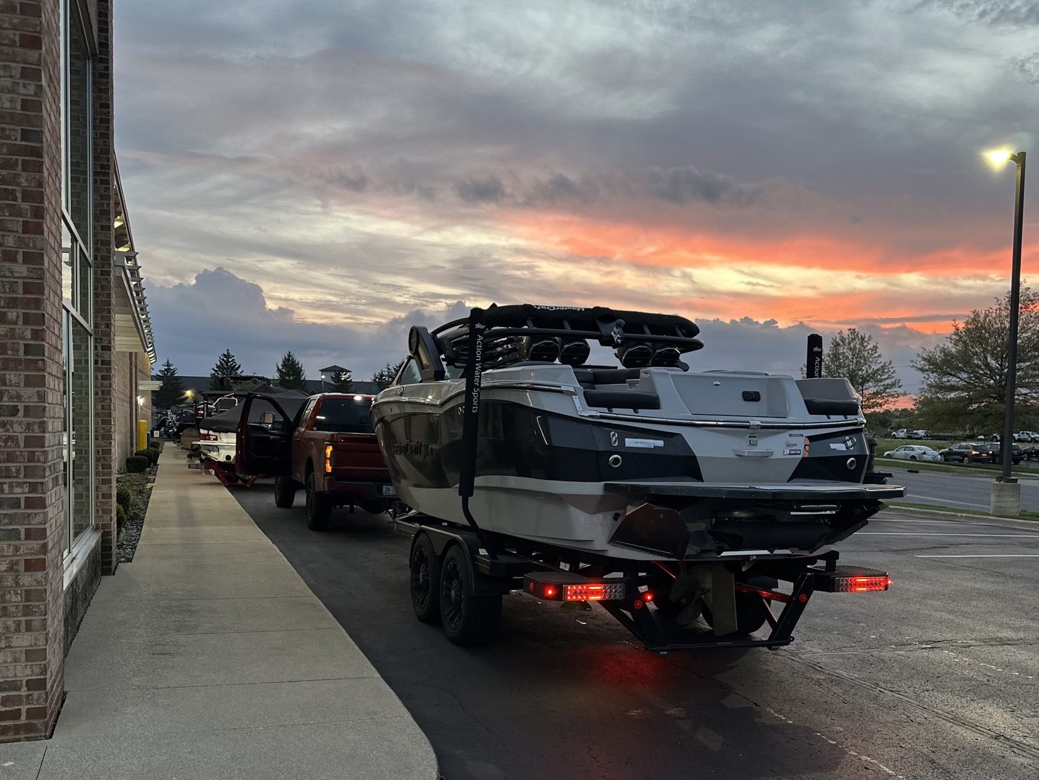 Wakeboat at sunset